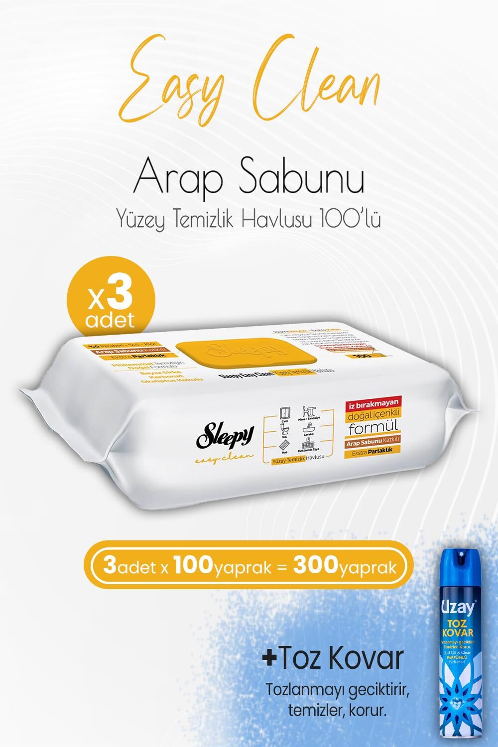 Sleepy Easy Clean Arap Sabunu Katkılı Yüzey Temizlik Havlusu 100' lü x 3 Adet ve Toz Kovar