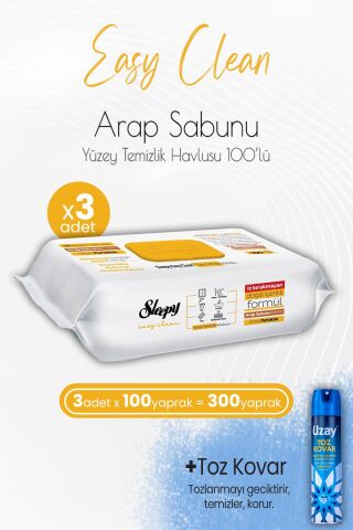 Sleepy Easy Clean Arap Sabunu Katkılı Yüzey Temizlik Havlusu 100' lü x 3 Adet ve Toz Kovar