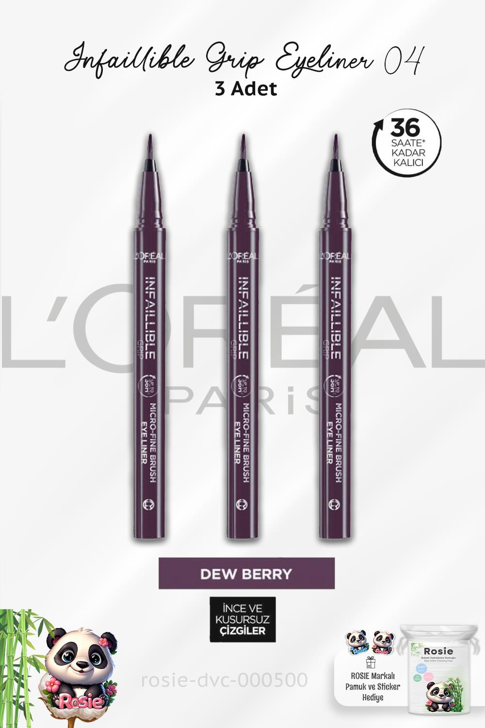 3 Adet Loreal Paris Infaillible Grip Eyeliner 04 Dew Berry ve ROSIE Pamuk