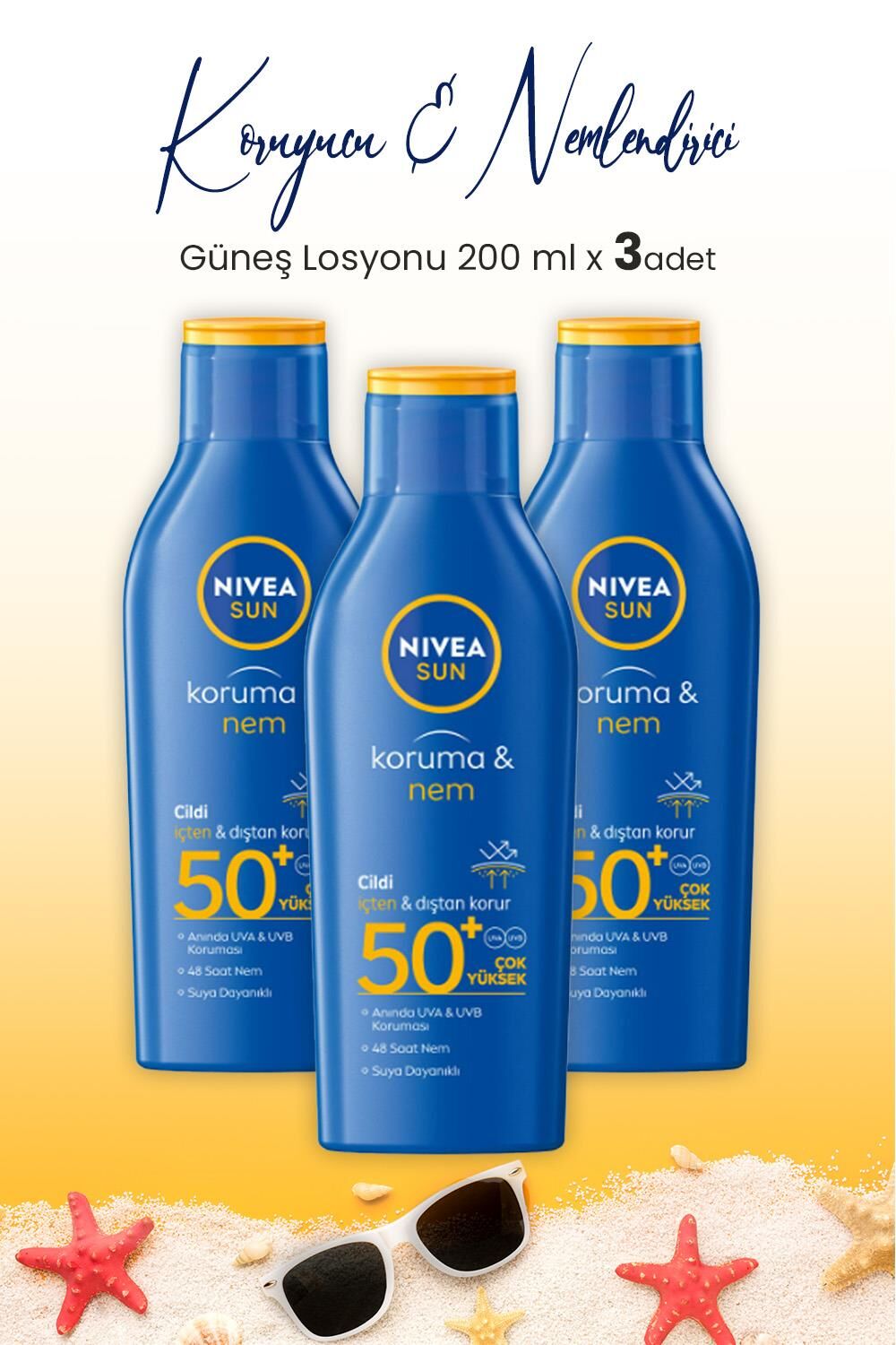 Nivea Sun SPF50+ Güneş Koruyucu & 48 Nemlendirici Güneş Losyonu 200 ml x 3 Adet