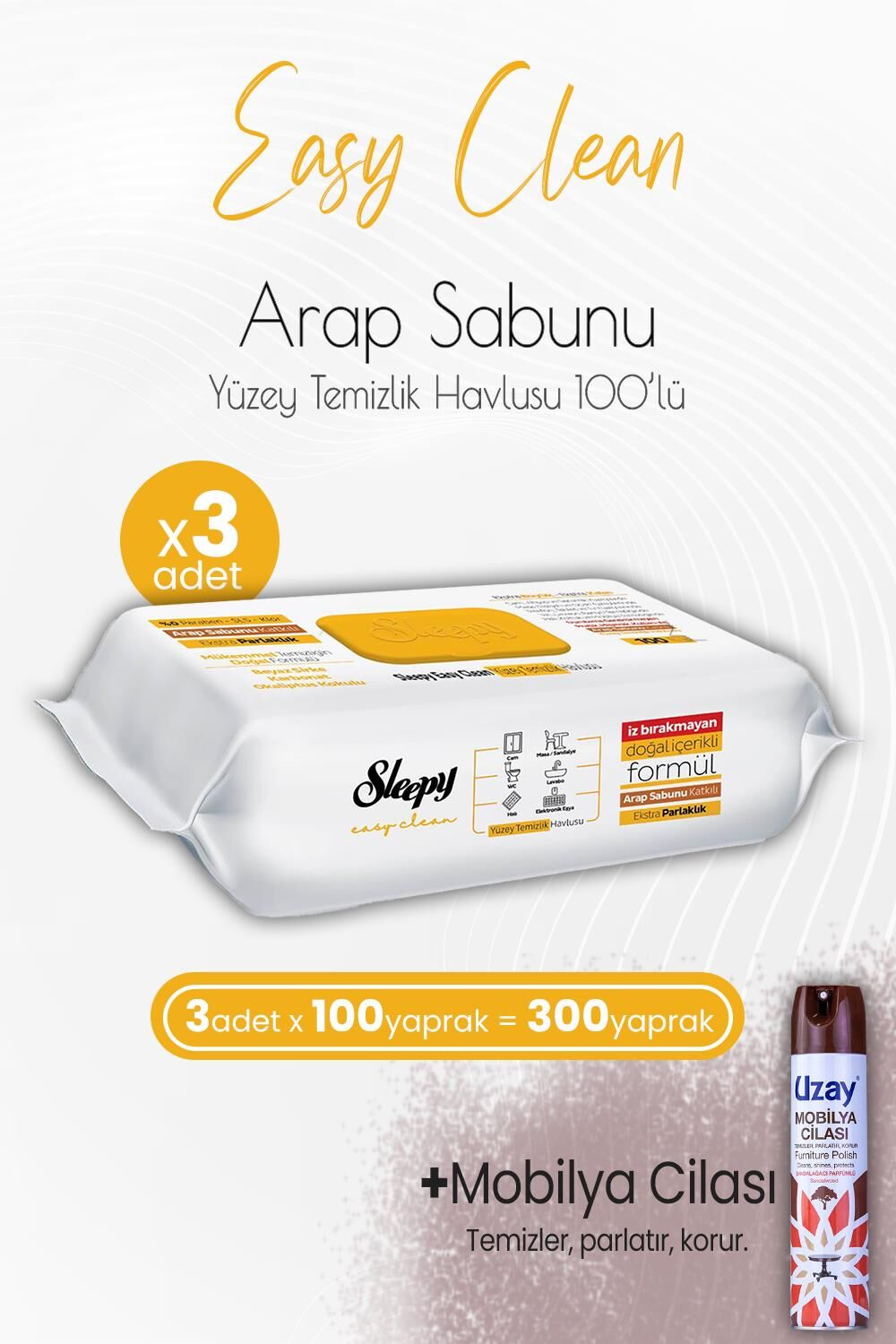 Sleepy Easy Clean Yüzey Temizlik Havlusu Arap Sabunu Katkılı 100' lü x 3 Adet ve Mobilya Cilası Sandalağacı