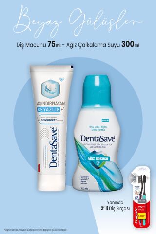 Dentasave Aşındırmayan Beyazlık 75 ml, Çalkalama Suyu Çinko 300 ml ve 2'li Diş Fırçası