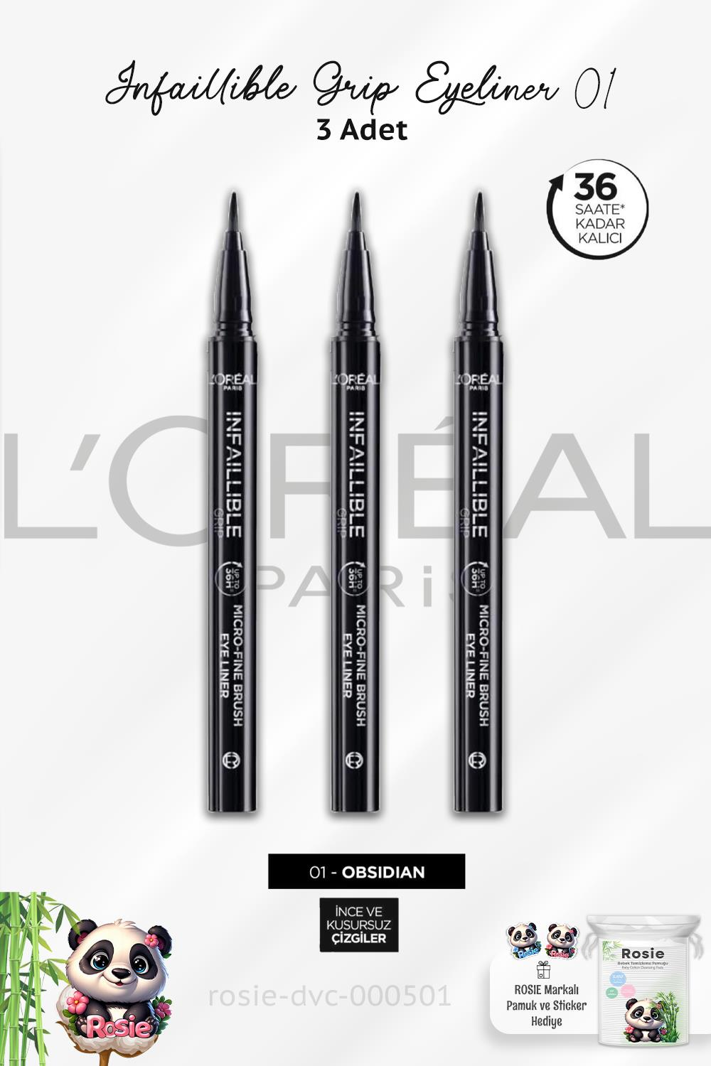 3 Adet Loreal Paris Infaillible Grip Siyah Eyeliner 01 Obsidian ve ROSIE