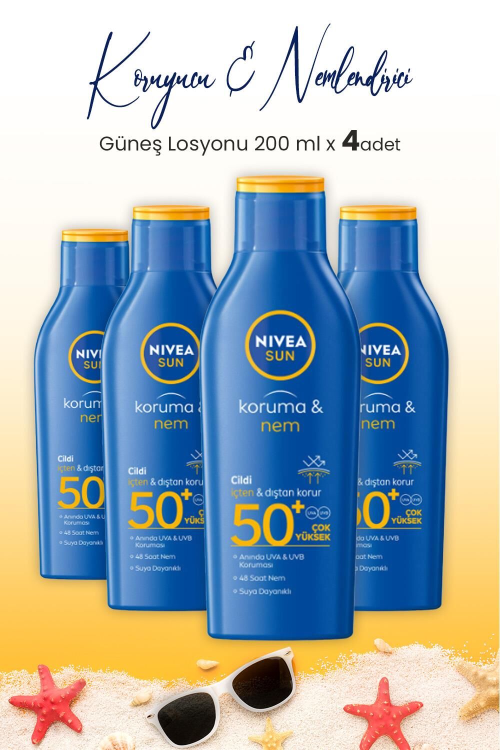 Nivea Sun SPF50+ Güneş Koruyucu & 48 Nemlendirici Güneş Losyonu 200 ml x 4 Adet