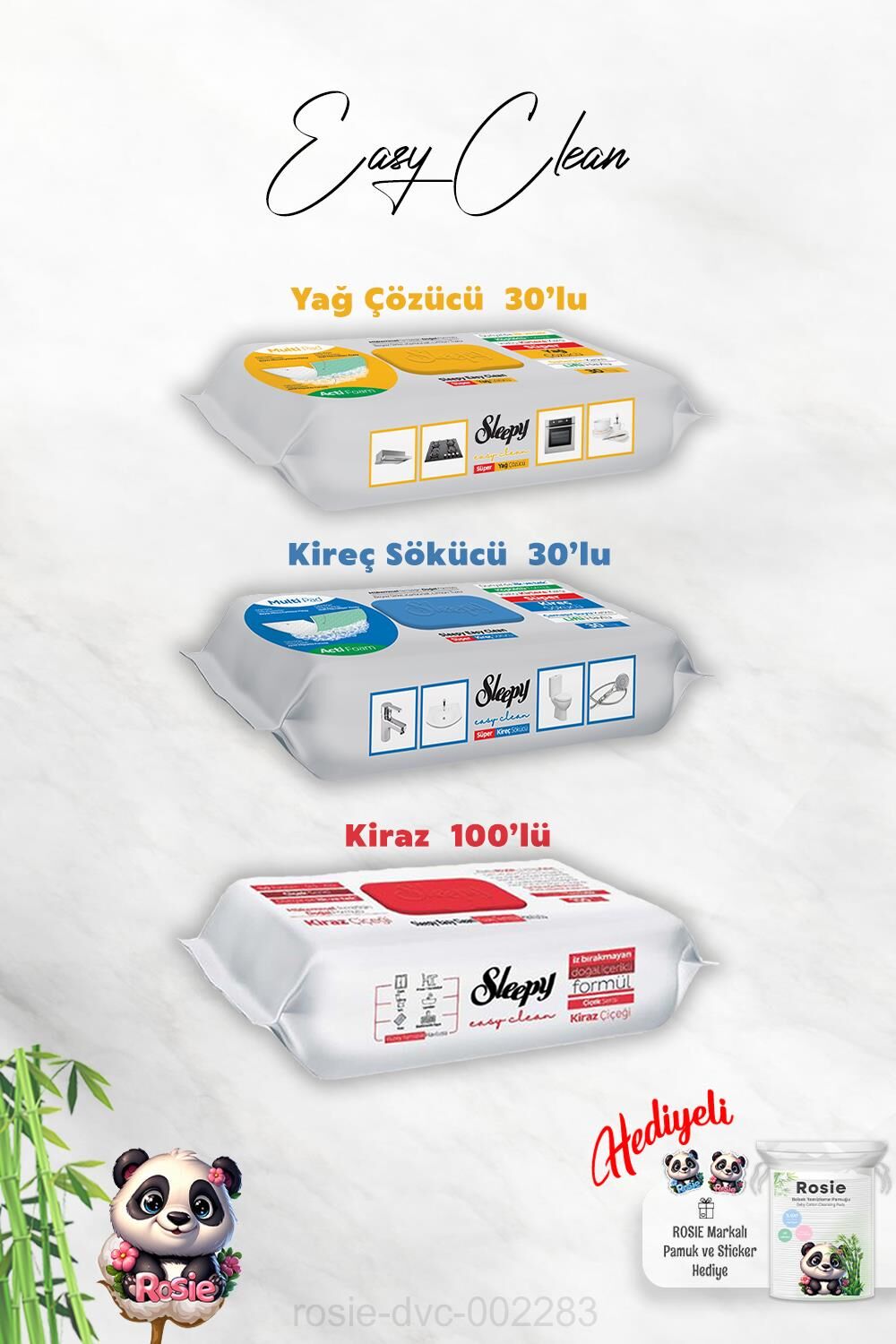 Easy Clean Kiraz Çiçeği 100'lü, Kireç ve Yağ Çözücü 30'lu ve Rosie Hediye
