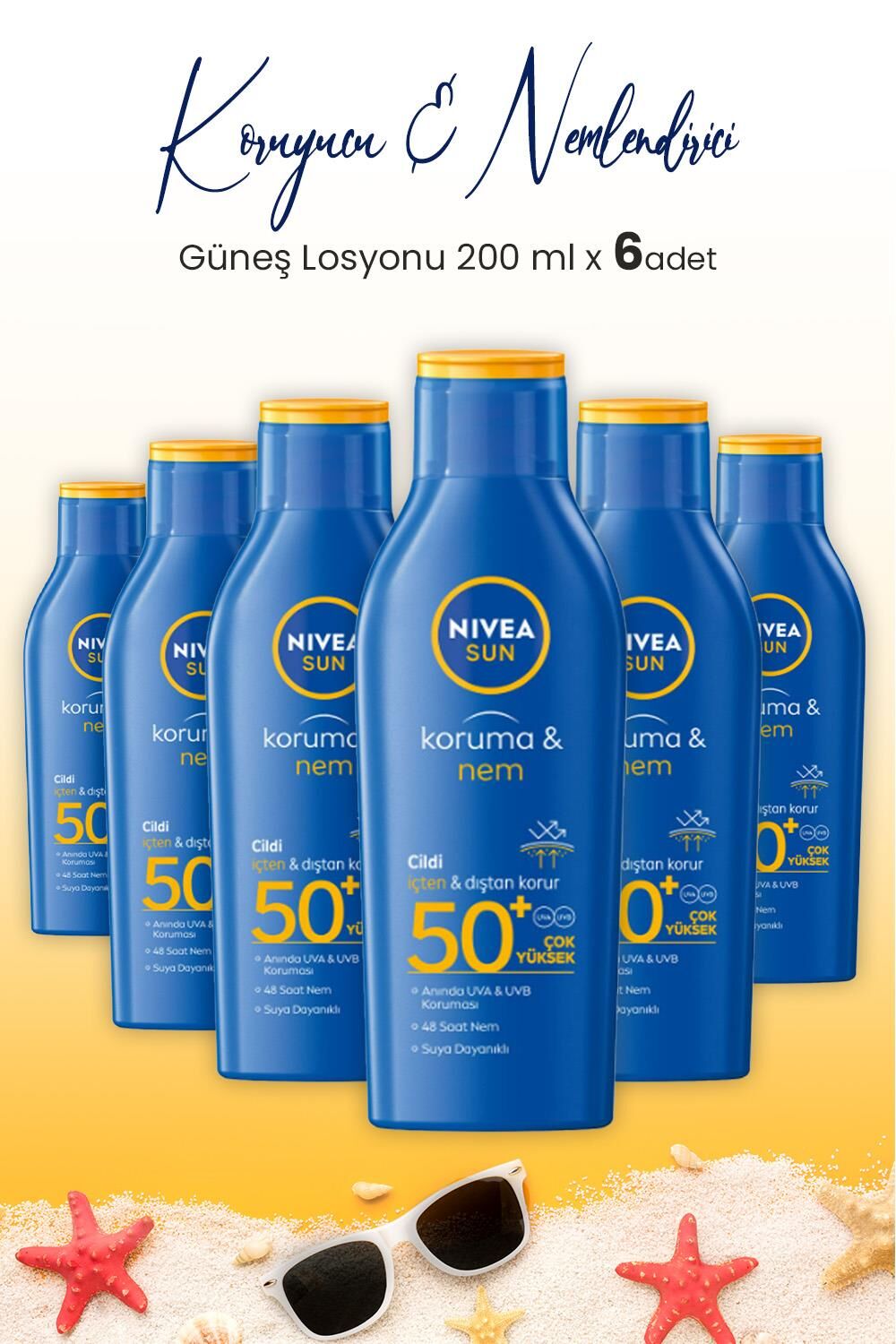Nivea Sun SPF50+ Güneş Koruyucu & 48 Nemlendirici Güneş Losyonu 200 ml x 6 Adet