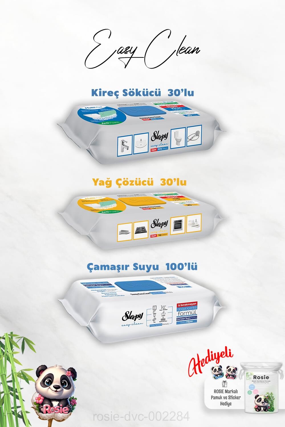 Çamaşır Suyu Katkılı 100'lü, Kireç ve Yağ Çözücü 30'lu ve Rosie Hediye