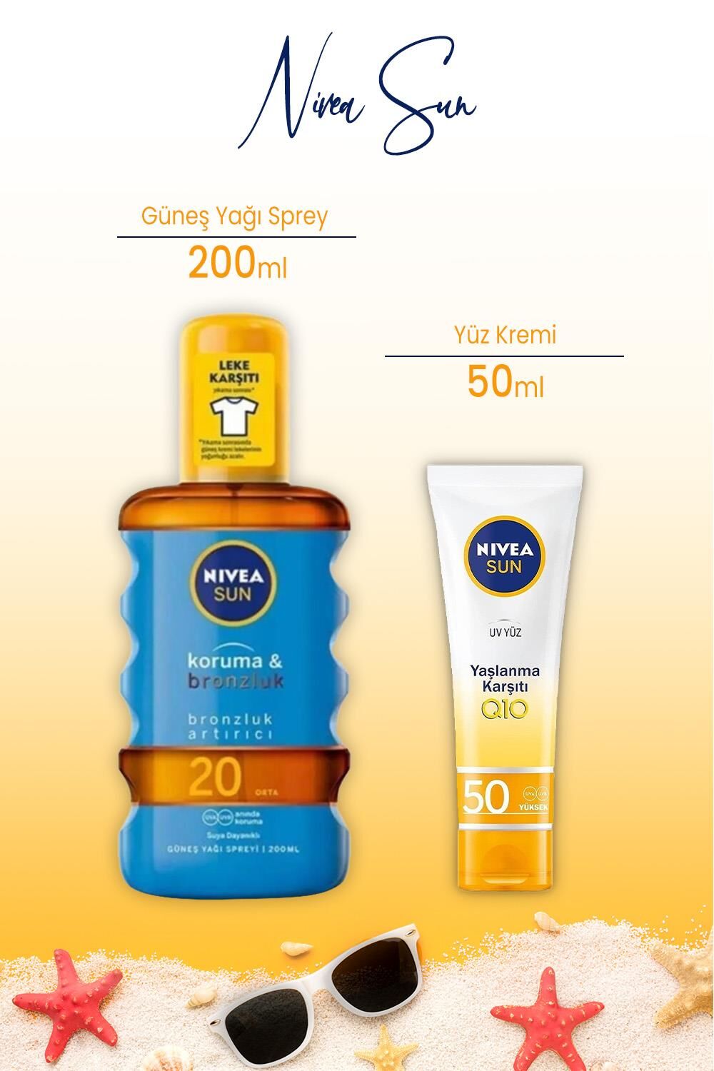 Nivea Sun SPF20 Koruma & Bronzluk Güneş Yağı Sprey 200 ml ve Yaşlanma Karşıtı Yüz Kremi Spf50 50 ml