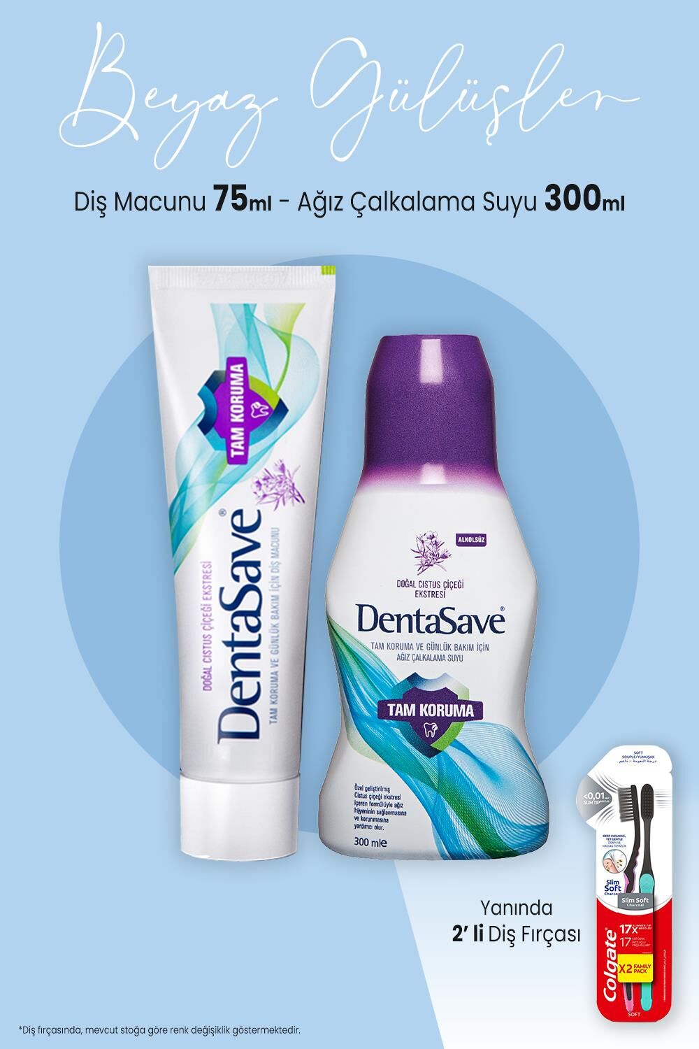Dentasave Diş Macunu Tam Koruma 75 ml, Çalkalama Suyu Tam Koruma 300 ml ve 2'li Diş Fırçası
