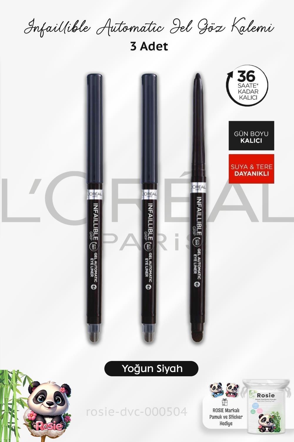 3 Adet Loreal Paris Infaillible Grip Automatic Jel Göz Kalemi Yoğun Siyah ve ROSIE Pamuk