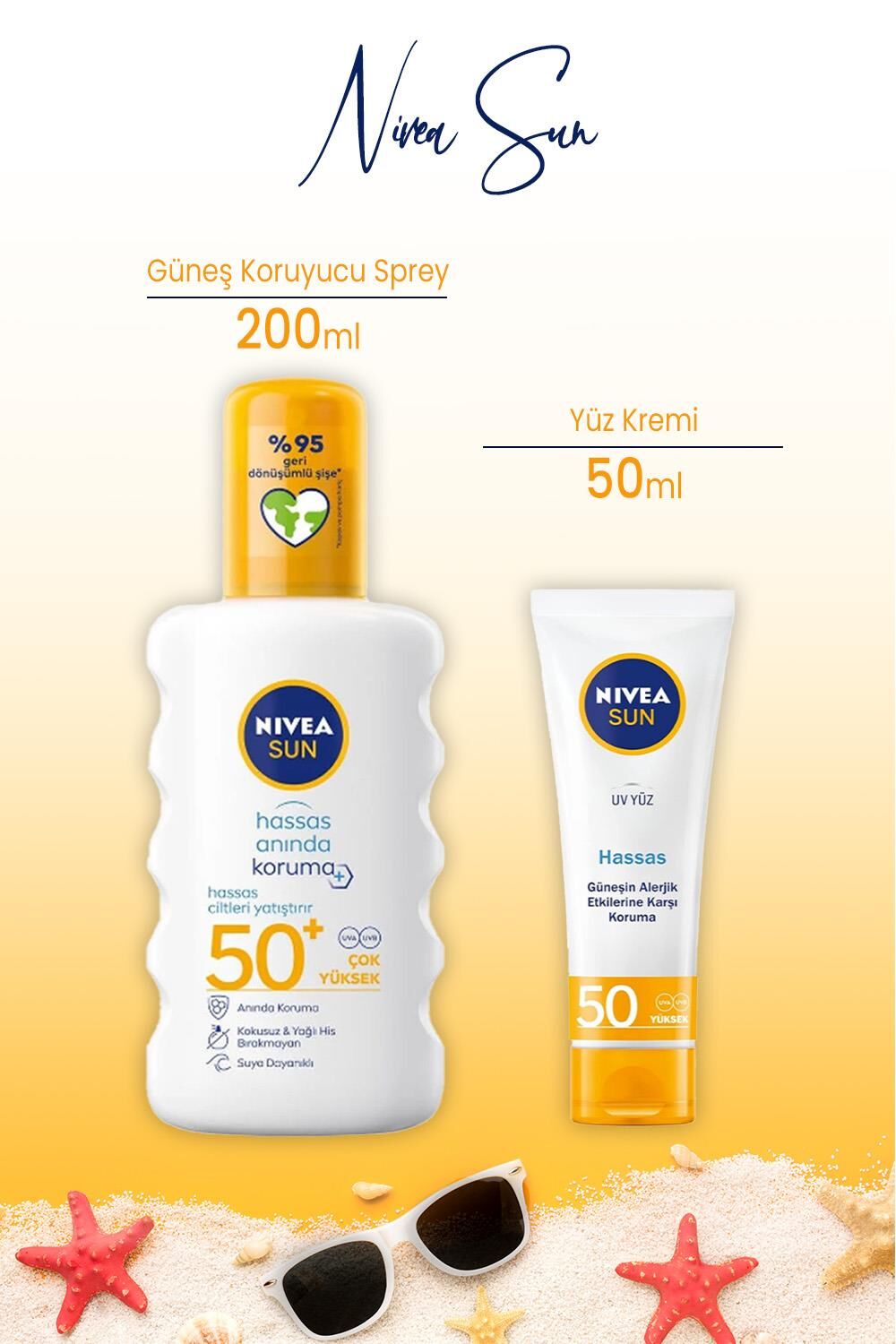 Nivea Sun Spf50 Hassas Yüz Güneş Kremi 50 ml ve Sprey Hassas Koruma SPF50+ 200 ml