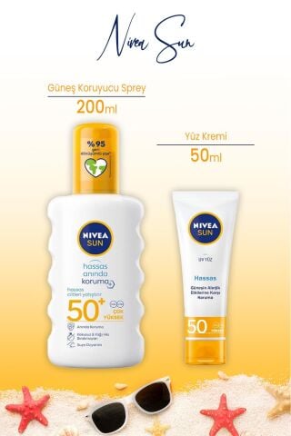 Nivea Sun Spf50 Hassas Yüz Güneş Kremi 50 ml ve Sprey Hassas Koruma SPF50+ 200 ml