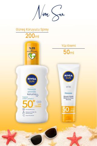 Nivea Sun Spf50 Hassas Yüz Güneş Kremi 50 ml ve Sprey Hassas Koruma SPF50+ 200 ml