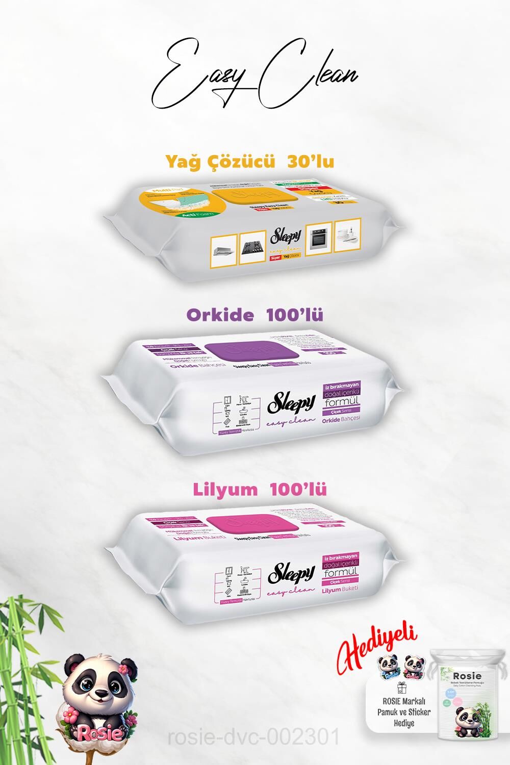 Lilyum ve Orkide Katkılı 100'lü, Yağ Çözücü 30'lu Temizlik Havlusu ve Rosie Hediye