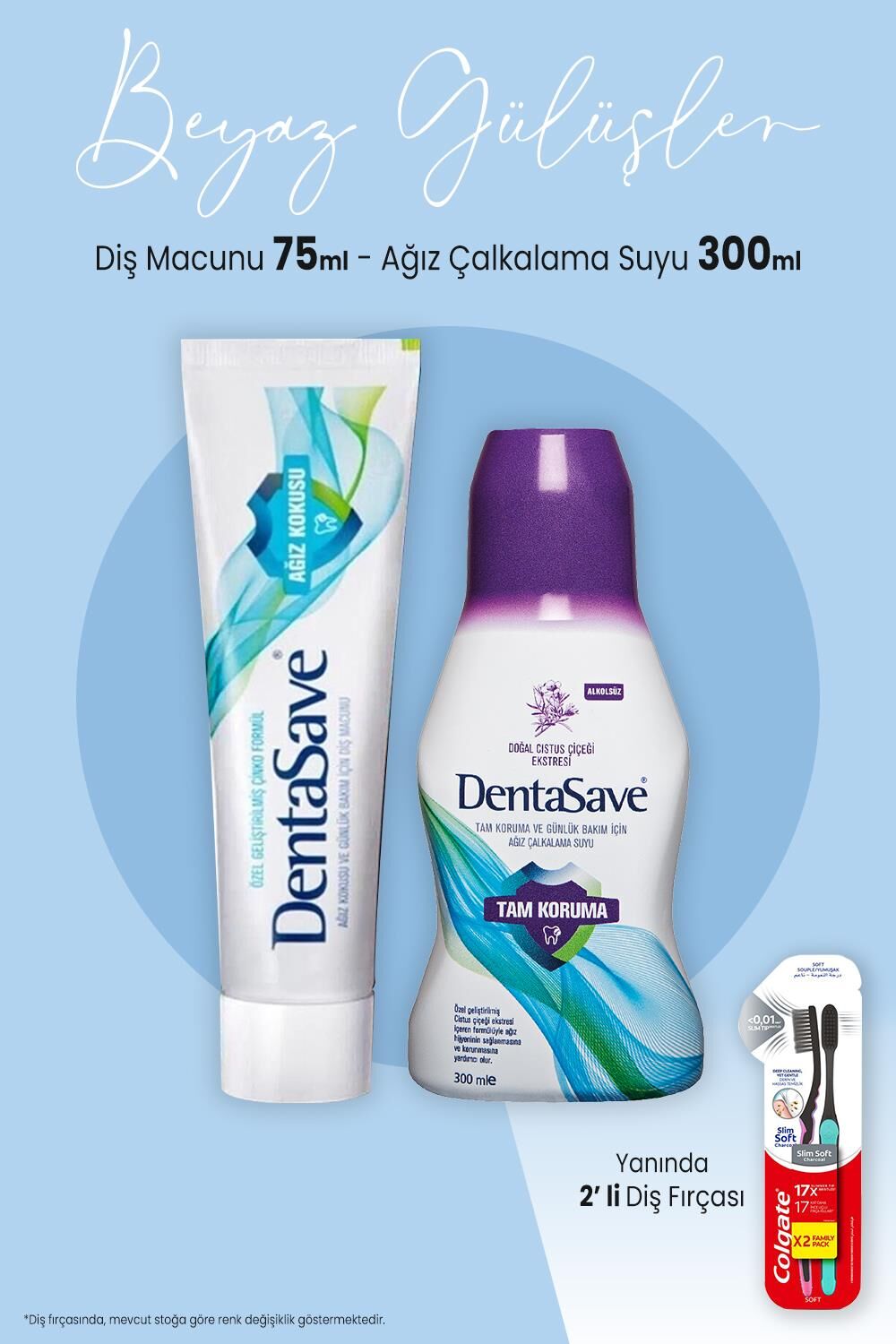 Dentasave Aşındırmayan Beyazlık 75 ml, Çalkalama Suyu Tam Koruma 300 ml ve 2'li Diş Fırçası