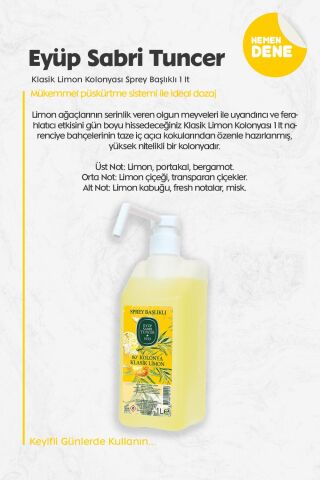 Eyüp Sabri Tuncer Klasik Limon Kolonyası Sprey Başlıklı 1 lt