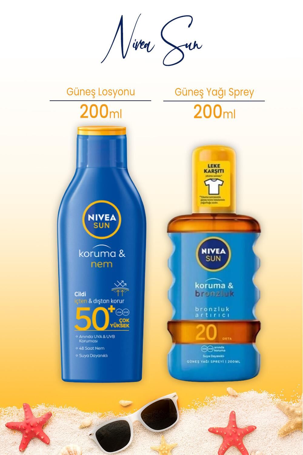 Nivea Sun SPF50+ Koruyucu & 48 Nemlendirici Güneş Losyonu 200 ml ve Koruma & Bronzluk Yağı Sprey 200 ml