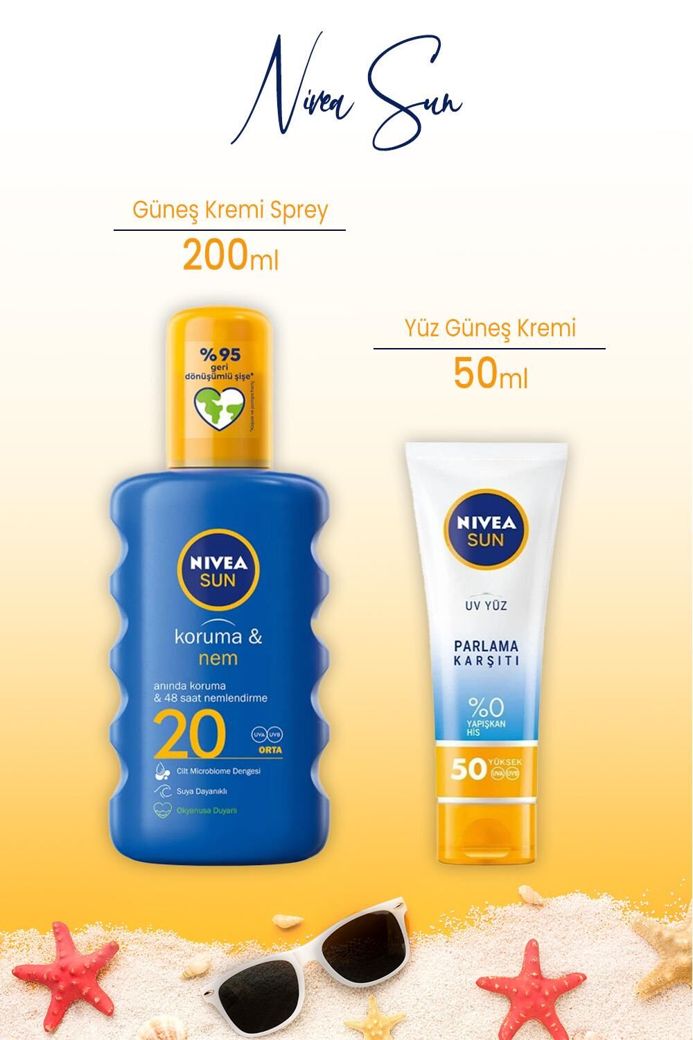 Nivea Sun SPF20 Koruyucu & 48 Nemlendirici Güneş Sprey 200 ml ve Parlama Karşıtı Yüz Güneş Kremi 50 ml