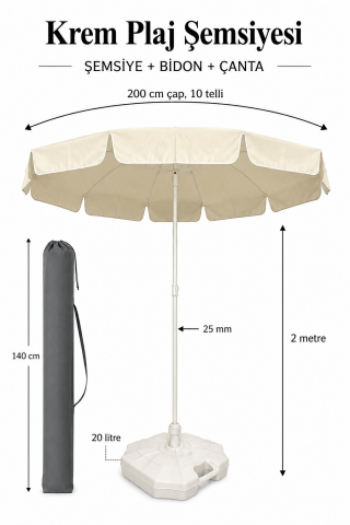 Şemsiye + Bidon + Çanta, Yaz Paketi - 2 Metre Çap ve 10 Telli Krem Renk Şemsiye
