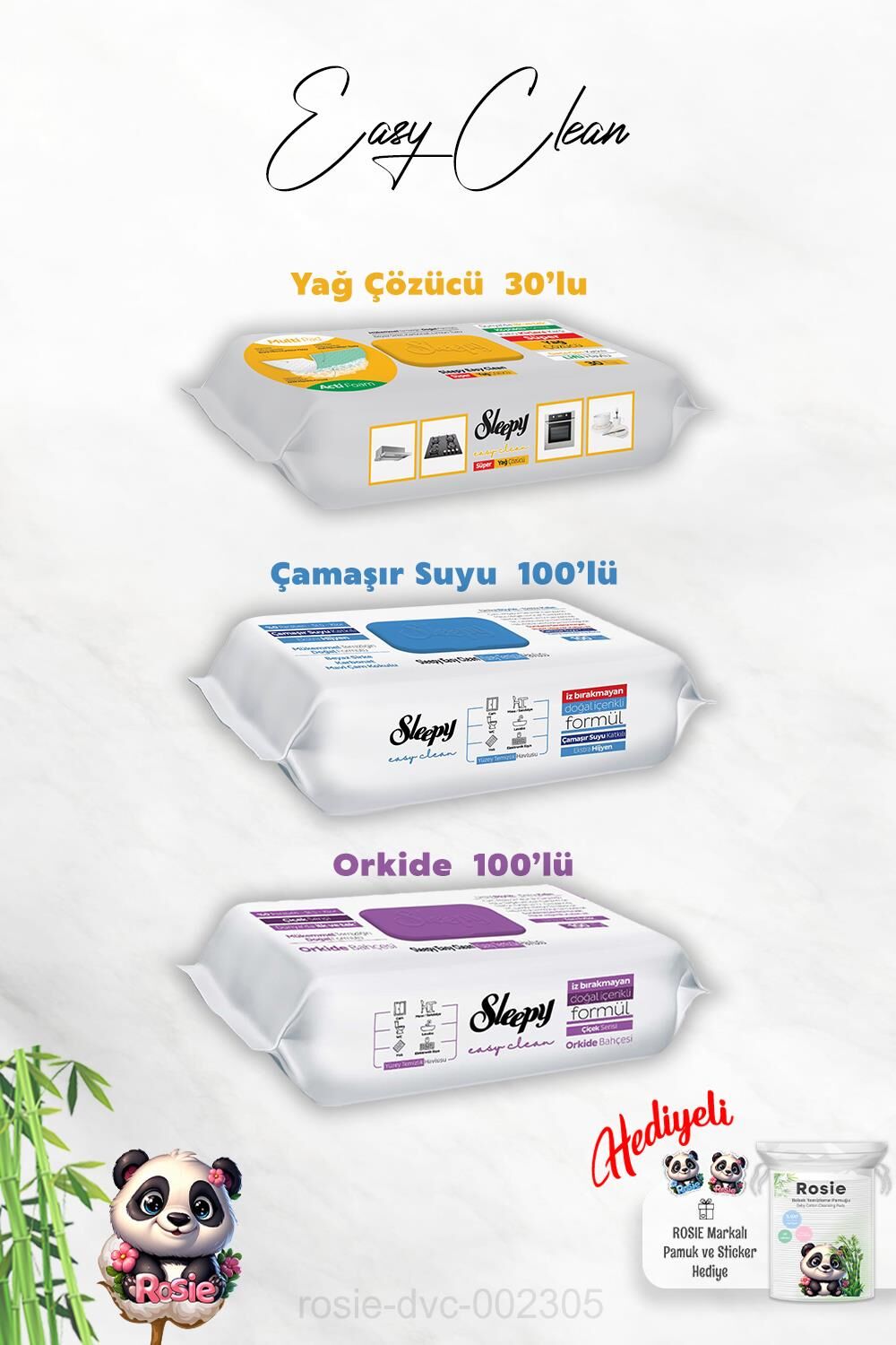 Easy Clean Orkide ve Çamaşır Suyu Katkılı 100'lü, Yağ Çözücü 30'lu Temizlik Havlusu ve Rosie Hediye