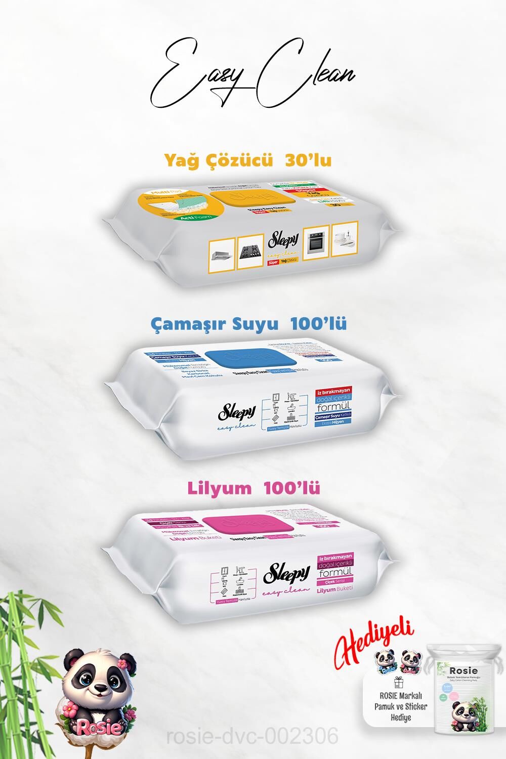 Yağ Çözücü 30'lu, 100'lü Easy Clean Lilyum ve Çamaşır Suyu Katkılı Temizlik Havlusu ve Rosie Hediye