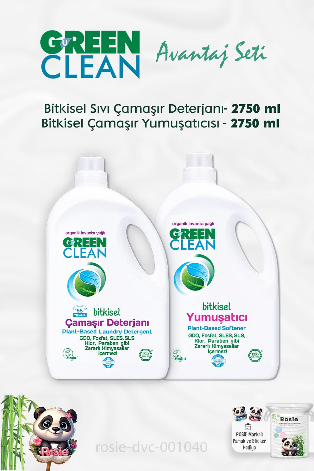 Green Clean Bitkisel Sıvı Çamaşır Deterjanı 2.75 kg, Çamaşır Yumuşatıcısı 2.75 kg ve ROSIE