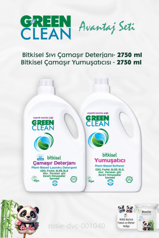 Green Clean Bitkisel Sıvı Çamaşır Deterjanı 2.75 kg, Çamaşır Yumuşatıcısı 2.75 kg ve ROSIE