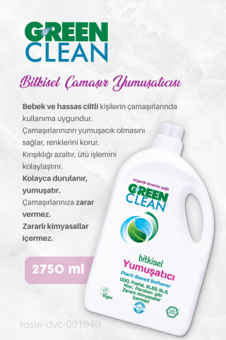Green Clean Bitkisel Sıvı Çamaşır Deterjanı 2.75 kg, Çamaşır Yumuşatıcısı 2.75 kg ve ROSIE