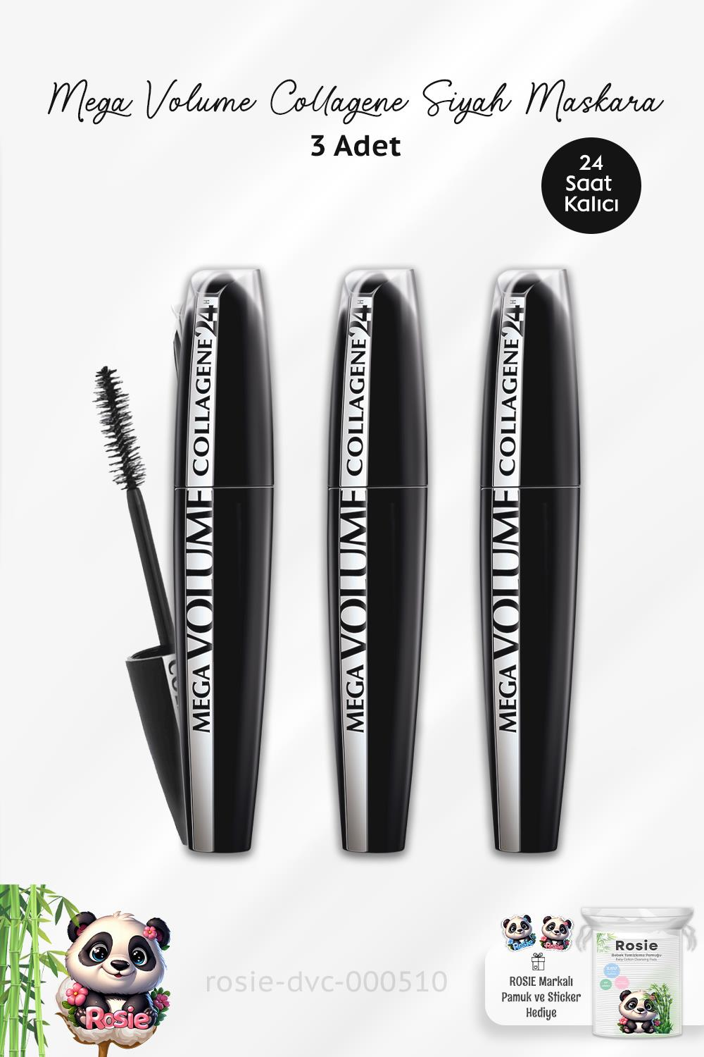 3 Adet Loreal Paris Mega Volume Collagene 24H Siyah Maskara ve ROSIE Pamuk