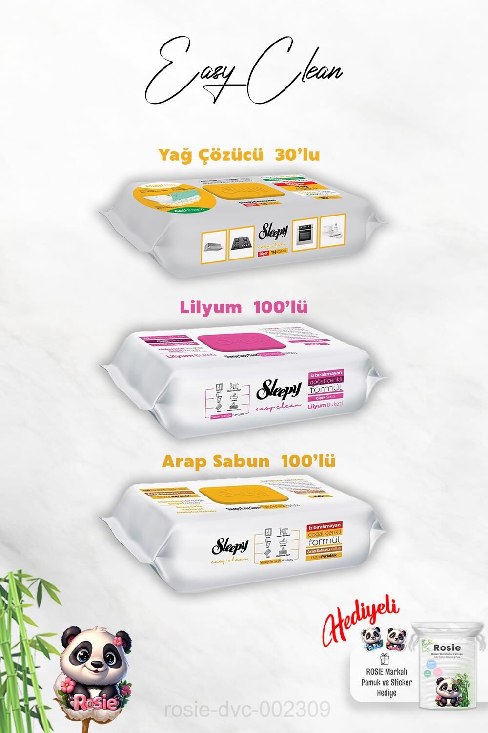 Arap Sabun ve Lilyum Katkılı Sleepy 100'lü, Yağ Çözücü 30'lu Temizlik Havlusu ve Rosie Hediye