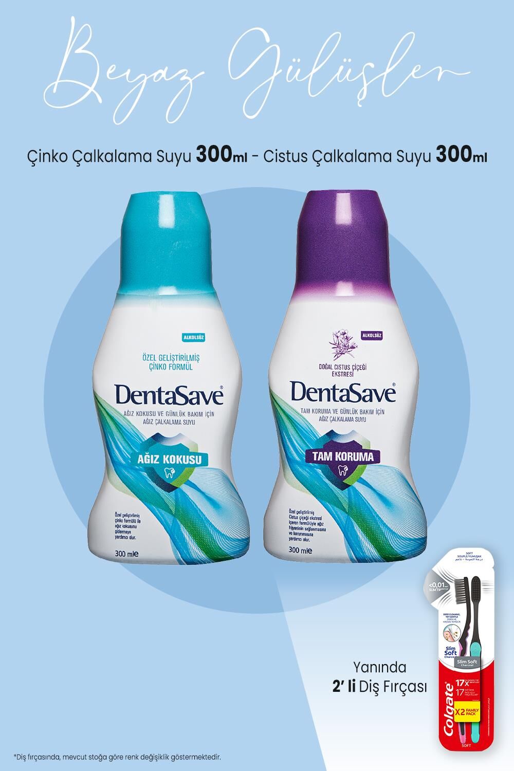 Dentasave Çalkalama Suyu Günlük Bakım, Çinko Formül 300 ml ve 2'li Diş Fırçası
