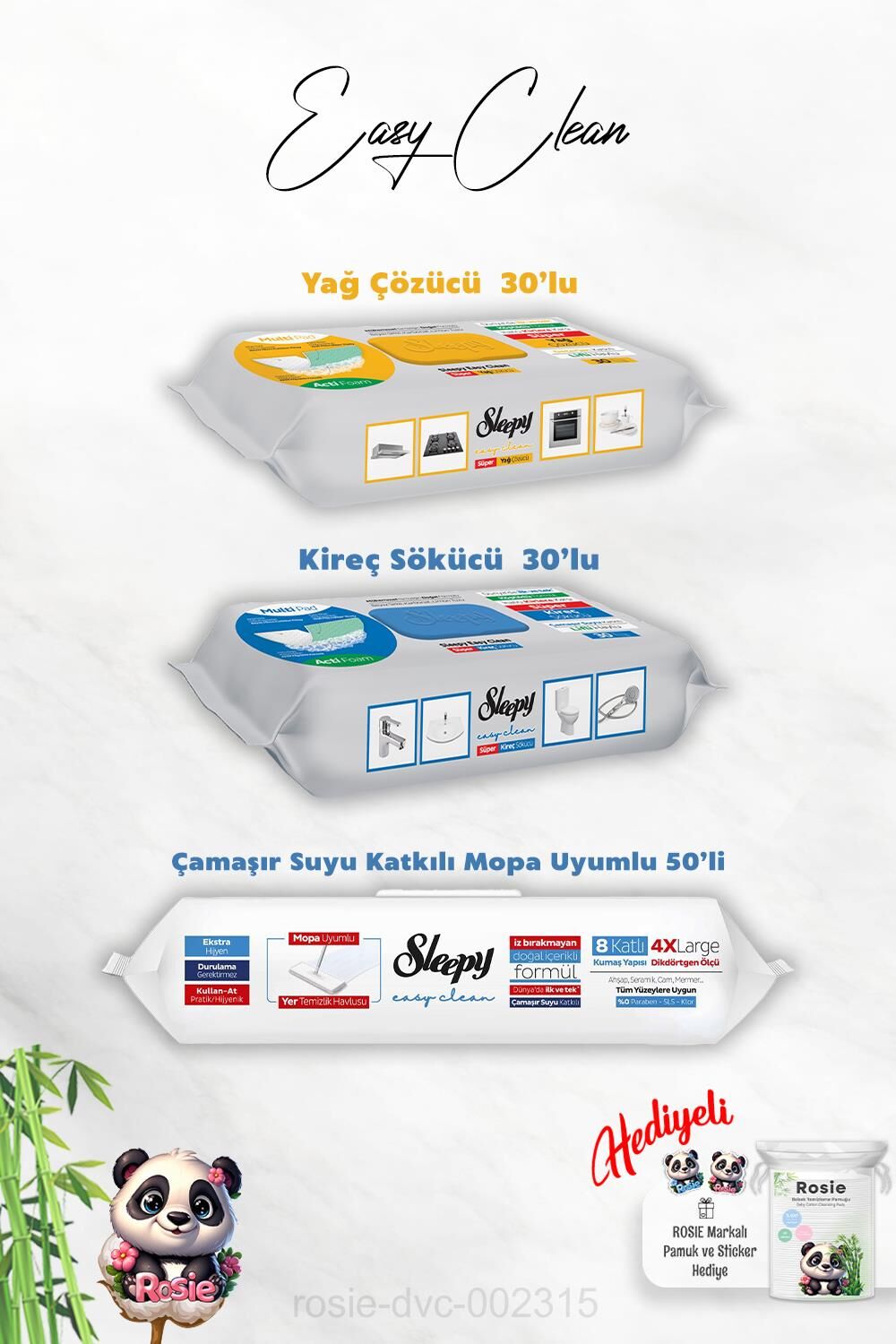 Mopa Uyumlu Çamaşır Suyu katkılı Havlu 50'li, Kireç Sökücü, Yağ Çözücü 30'lu ve Rosie Hediye