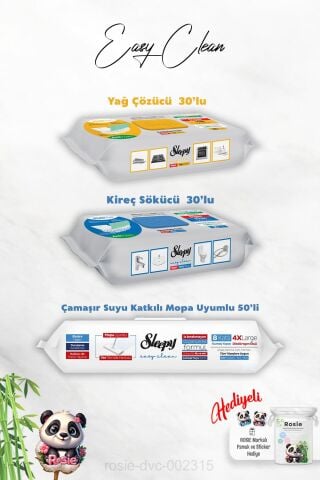 Mopa Uyumlu Çamaşır Suyu katkılı Havlu 50'li, Kireç Sökücü, Yağ Çözücü 30'lu ve Rosie Hediye