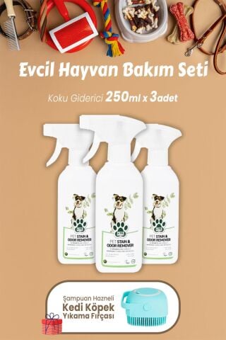 Pet's Green Koku Giderici Okaliptus 250 ml x 3 Adet ve Kedi Köpek Yıkama Fırçası
