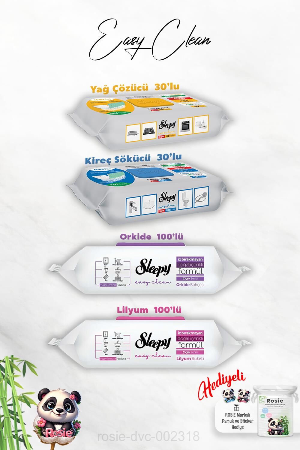 100'lü Lilyum ve Orkide, Kireç ve Yağ Çözücü 30'lu Temizlik Havlusu ve Rosie Hediye