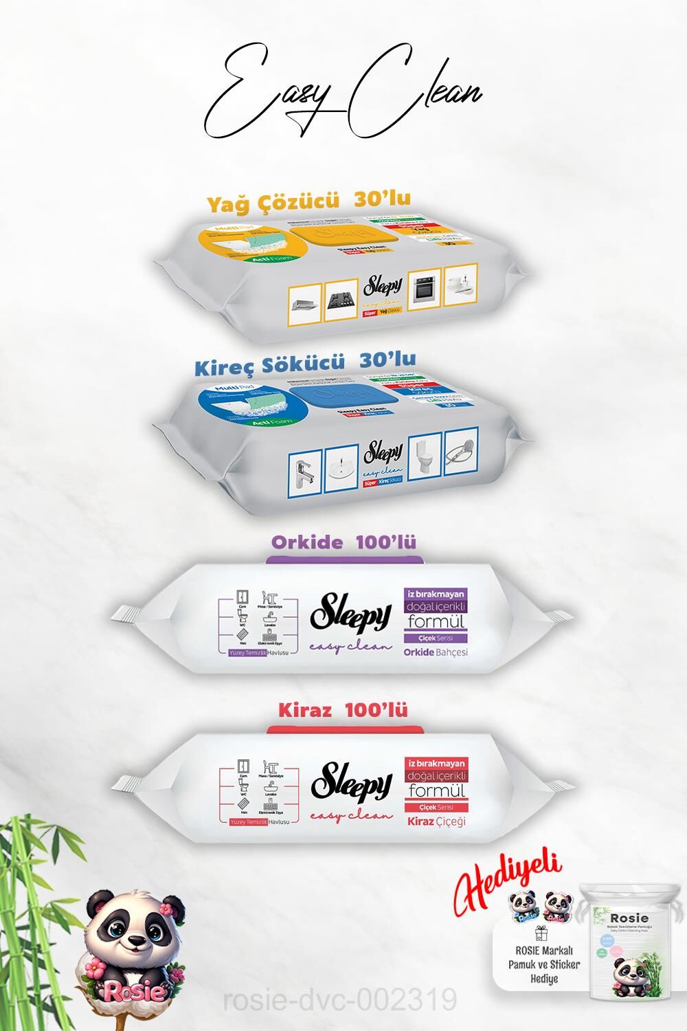 Sleepy 100'lü Orkide ve Kiraz, Kireç ve Yağ Çözücü 30'lu Temizlik Havlusu ve Rosie Hediye