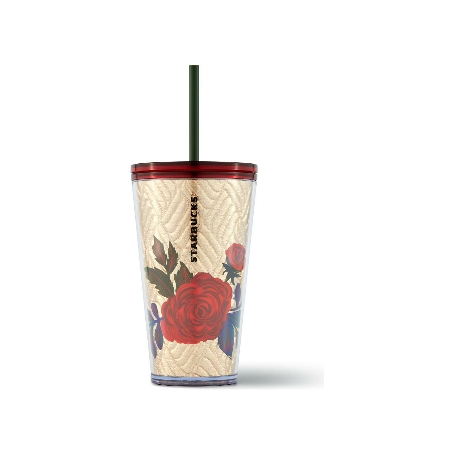 Starbucks® Çiçek Desenli Pipetli Altın Termos 473 ML
