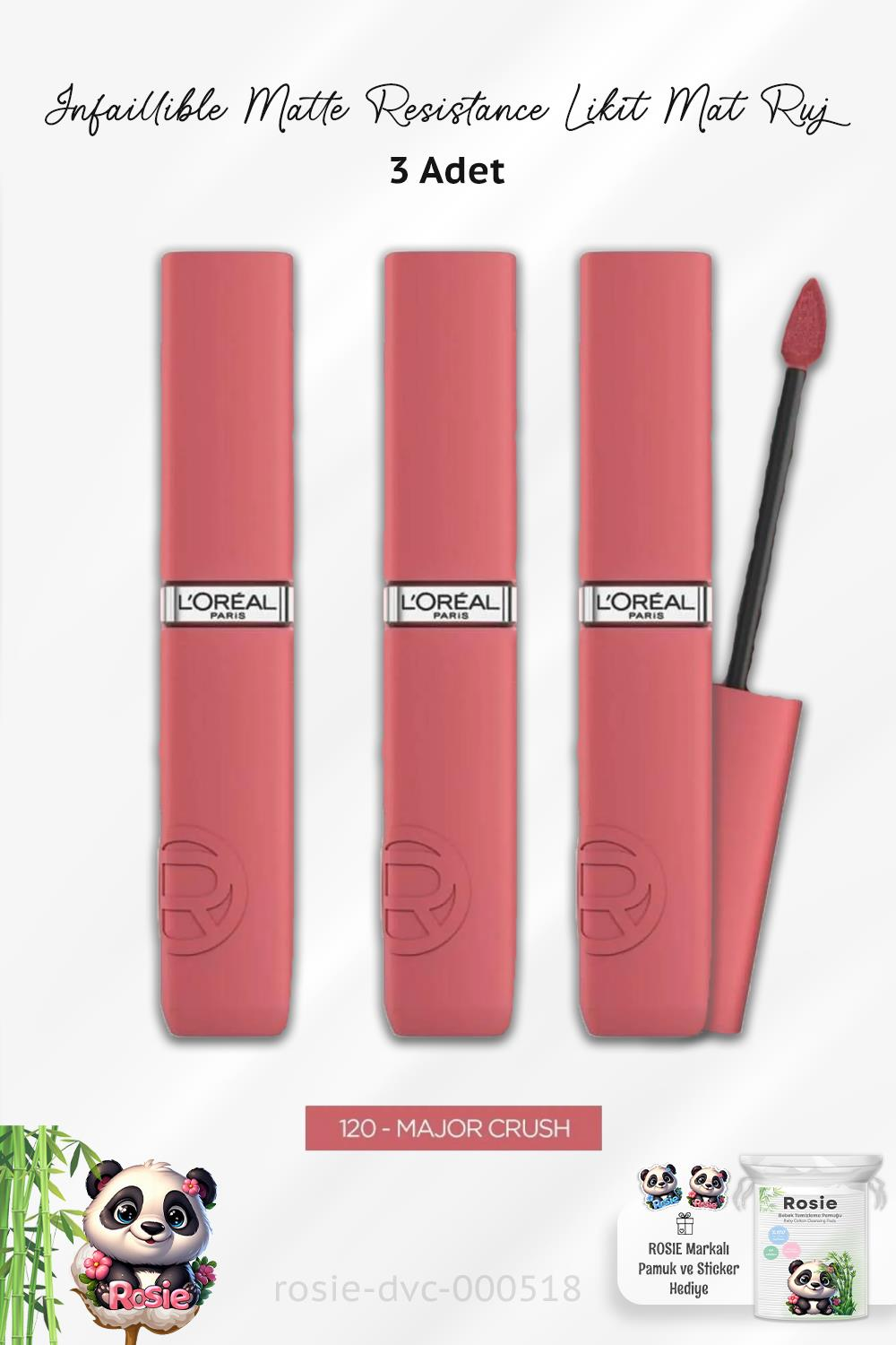 3 Adet Loreal Paris Infaillible Matte Resistance Likit Mat Ruj - 120 Major Crush ve ROSIE