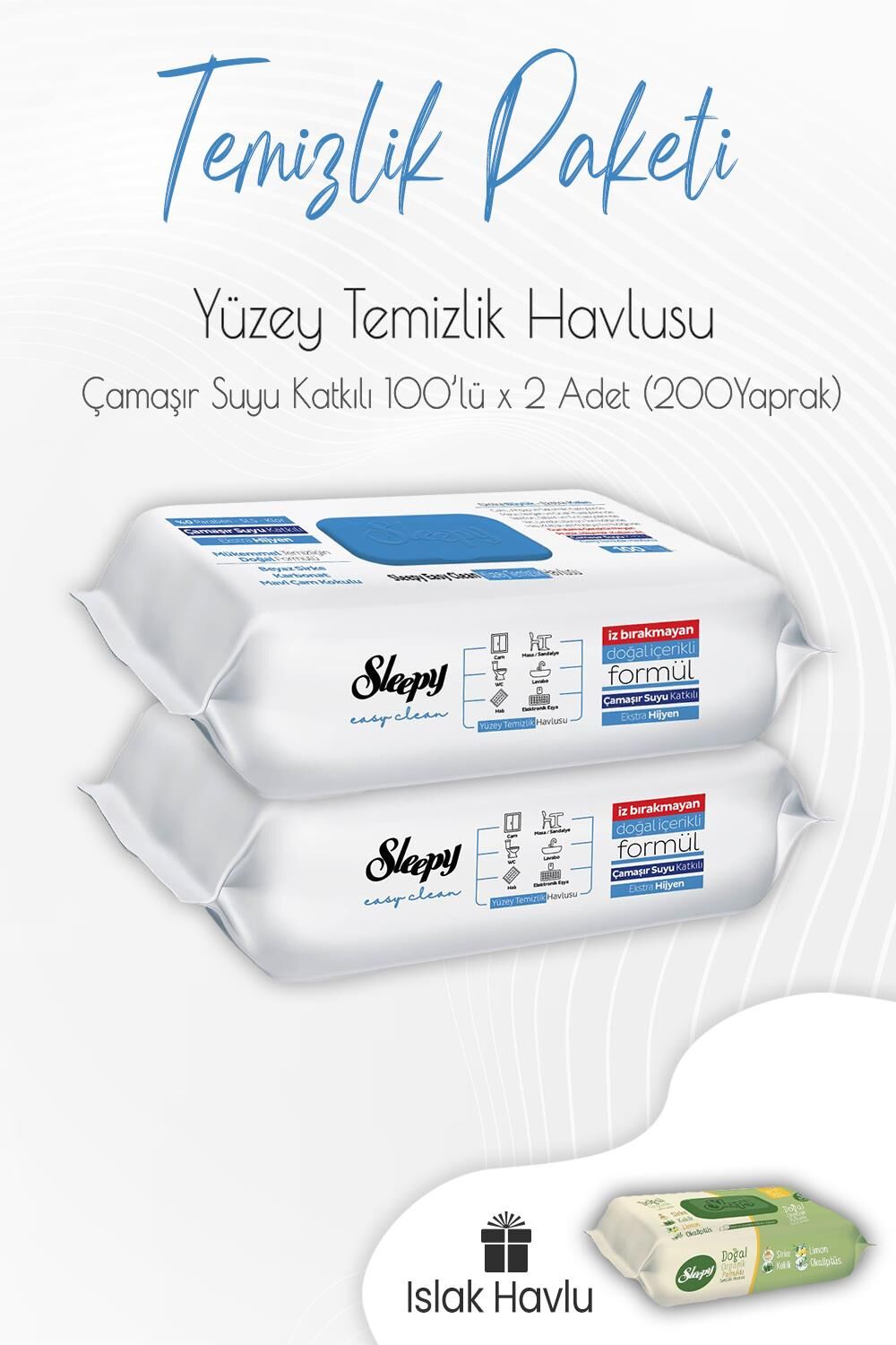 Sleepy Çamaşır Suyu Yüzey Temizlik Havlusu 100' lü x 2 Adet ve Islak Havlu