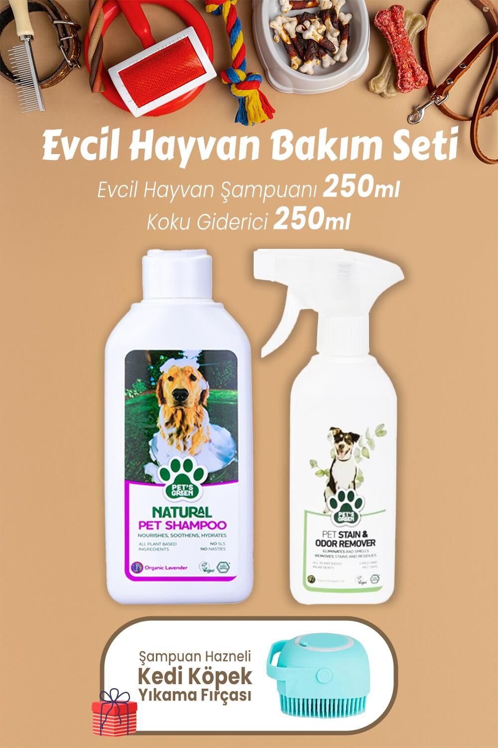 Pet's Green Koku Giderici Okaliptus 250 ml, Şampuan 250 ml ve Kedi Köpek Yıkama Fırçası