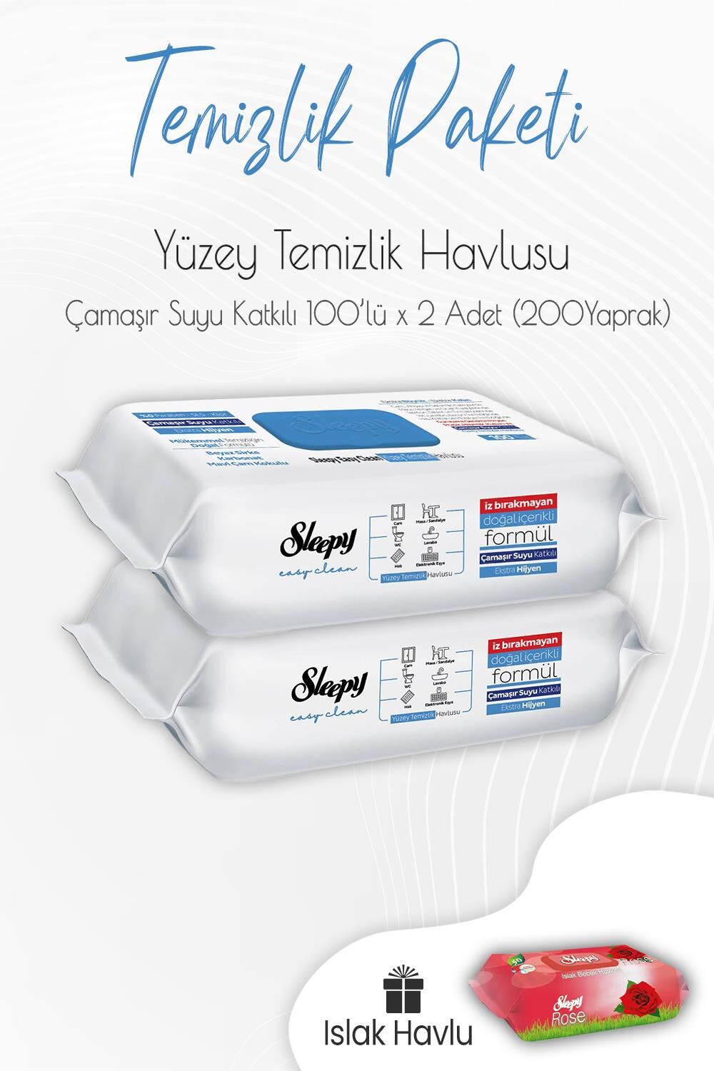 Sleepy Çamaşır Suyu Yüzey Temizlik Havlusu 100' lü x 2 Adet ve Islak Havlu