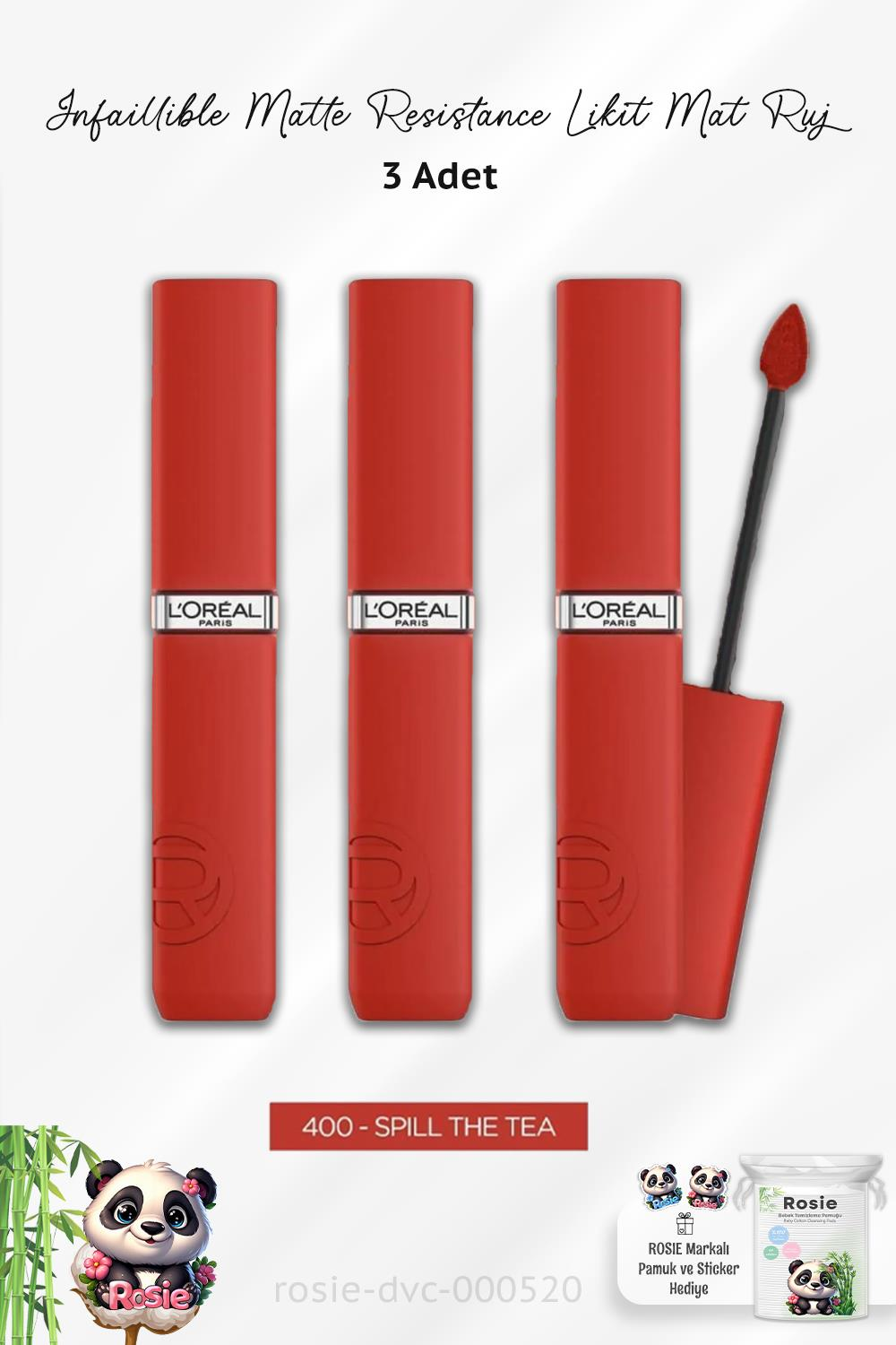 3 Adet Loreal Paris Matte Resistance Liquid Lipstick - 400 Spill The Tea ve ROSIE