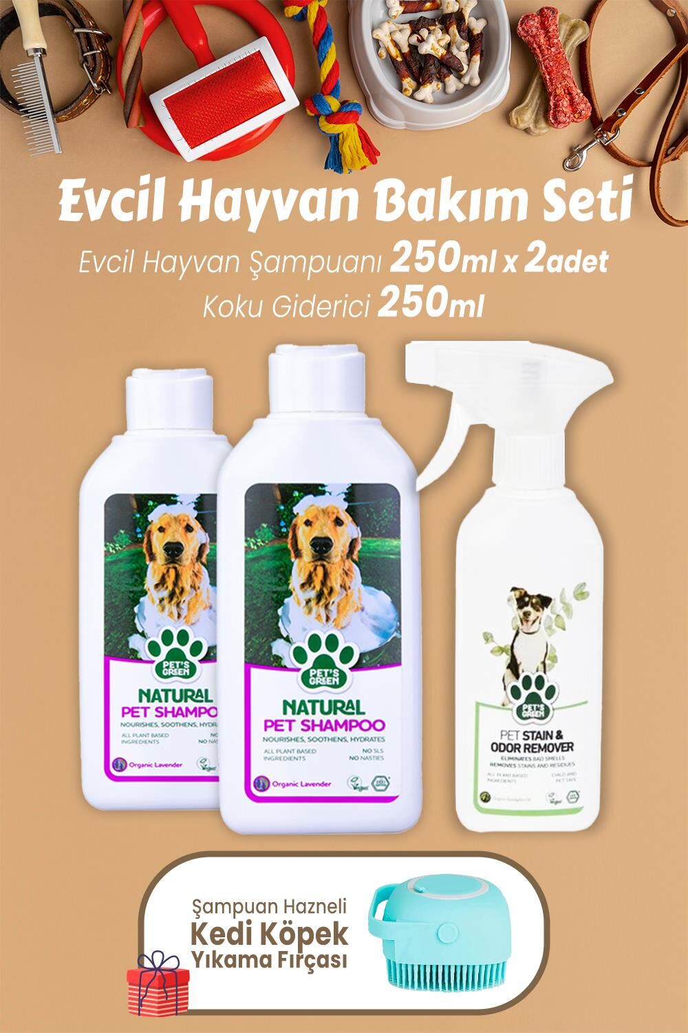 Pet's Green Şampuan Lavanta Pet's 250 ml x 2 Adet, Koku Giderici ve Kedi Köpek Şampuan Fırçası