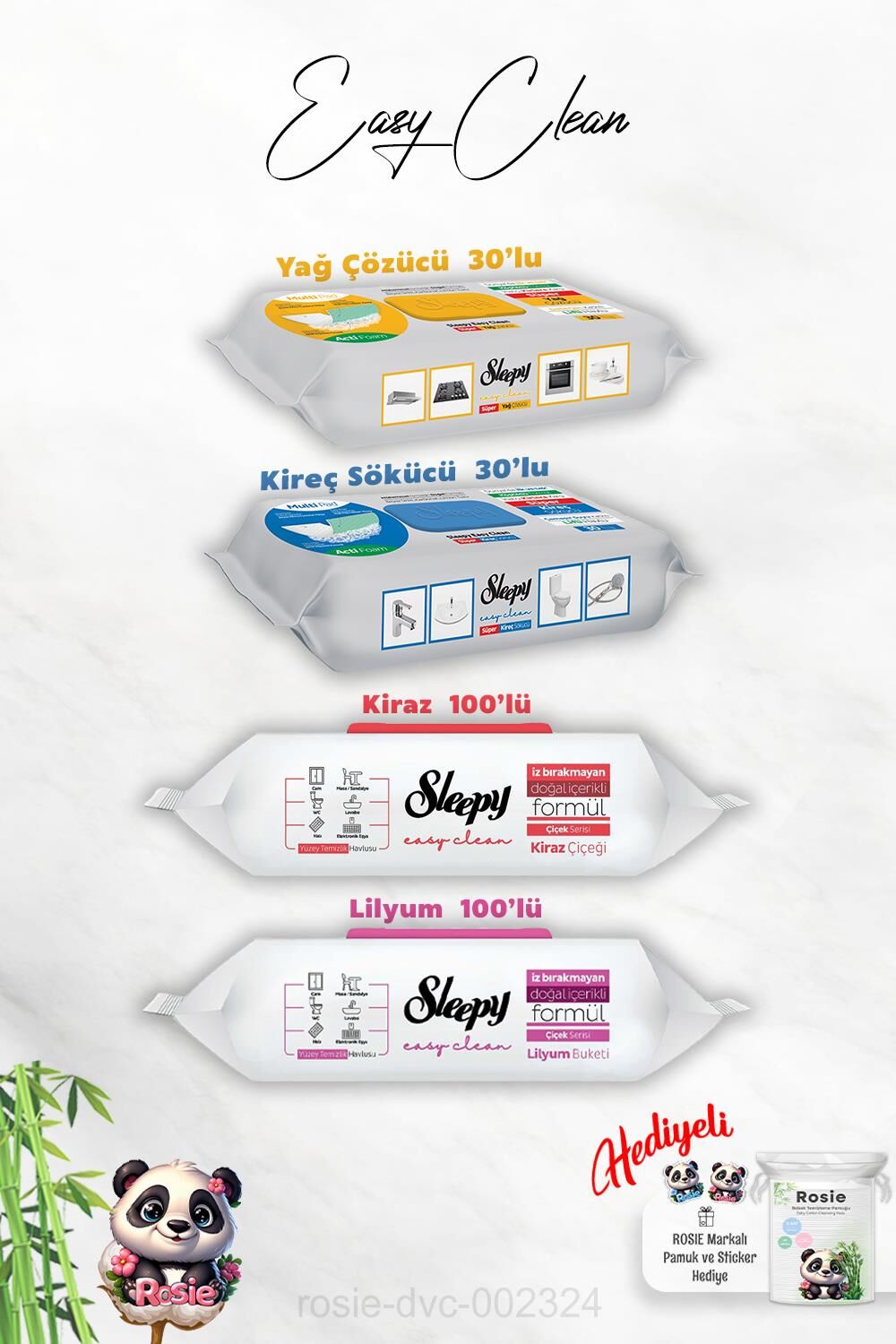 Temizlik Havlusu 30'lu Sleepy Kireç ve Yağ Çözücü, Kiraz ve Lilyum 100'lü ve Rosie Hediye