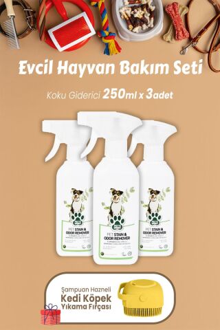Pet's Green Koku Giderici Okaliptus 250 ml x 3 Adet ve Şampuan Hazneli Fırça Sarı