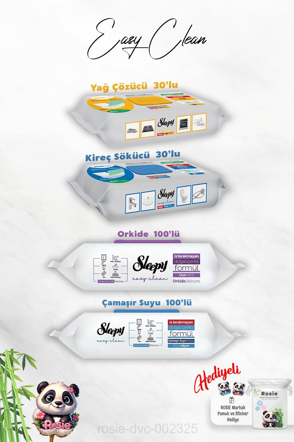 Easy Clean 30'lu Sleepy Kireç ve Yağ Çözücü, Çamaşır suyu ve Orkide 100'lü ve Rosie Hediye