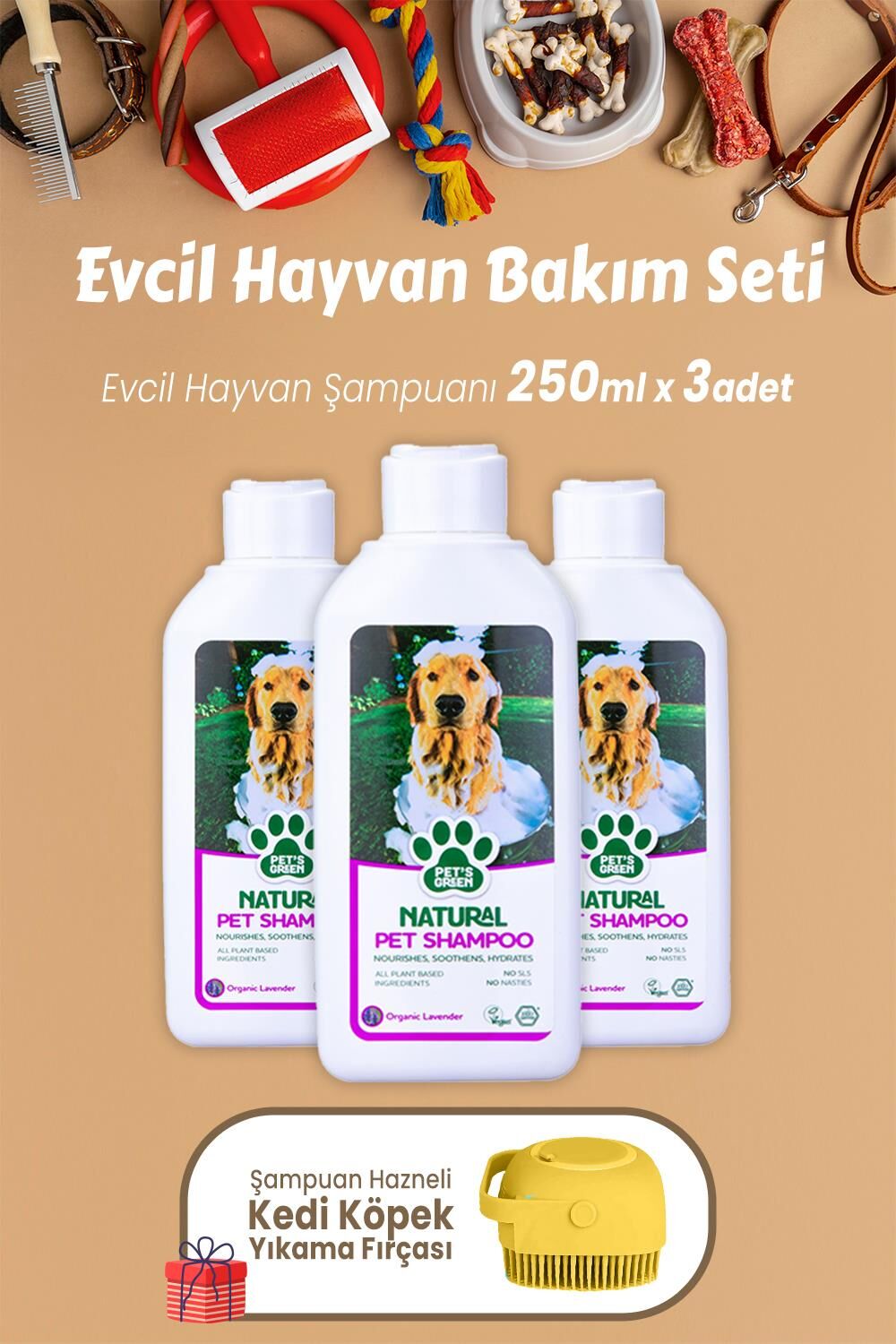 Pet's Green Şampuan Lavanta 250 ml x 3 Adet ve Şampuan Hazneli Fırça Sarı