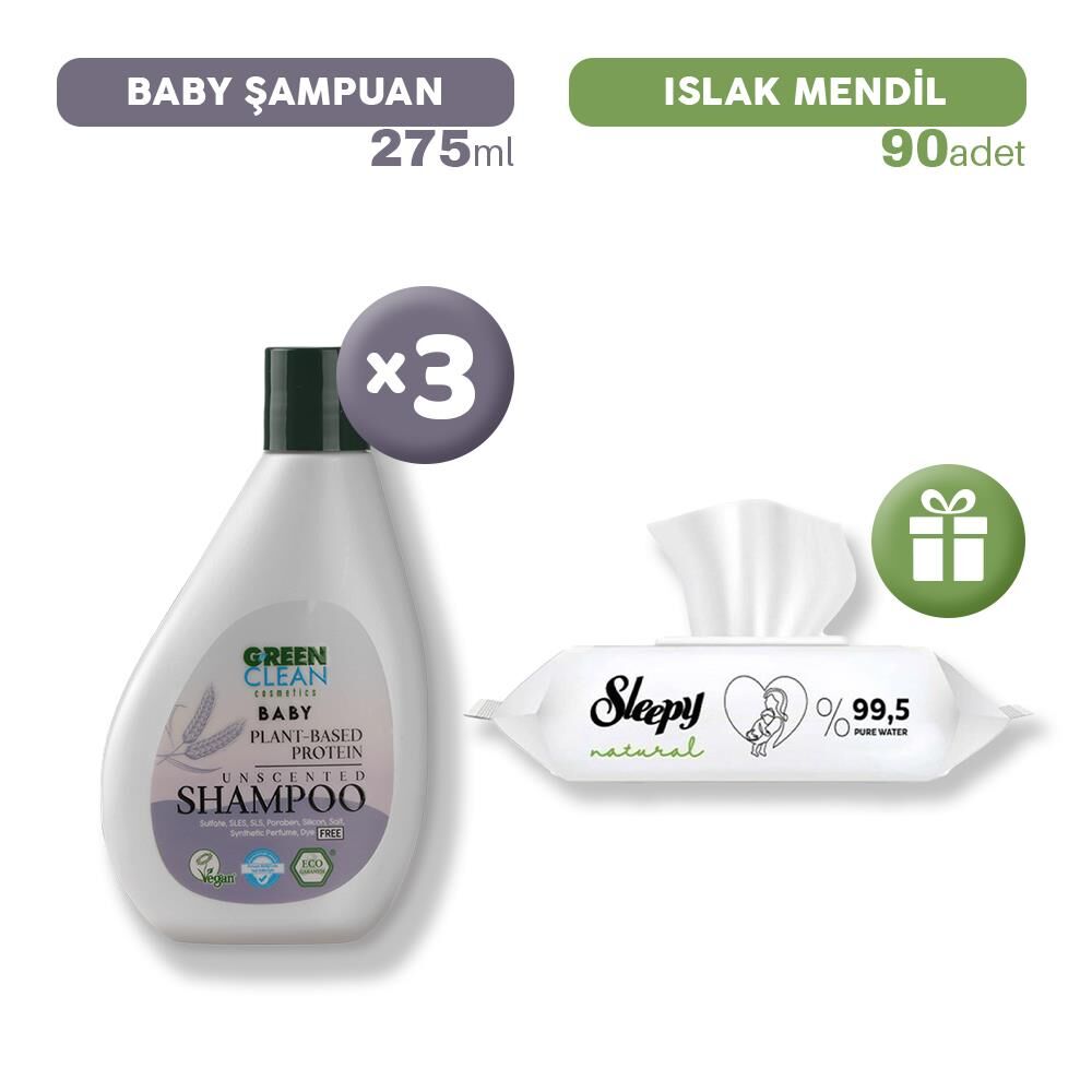 Green Clean Baby Şampuan 275 ml x 3, Islak Mendil Hediye