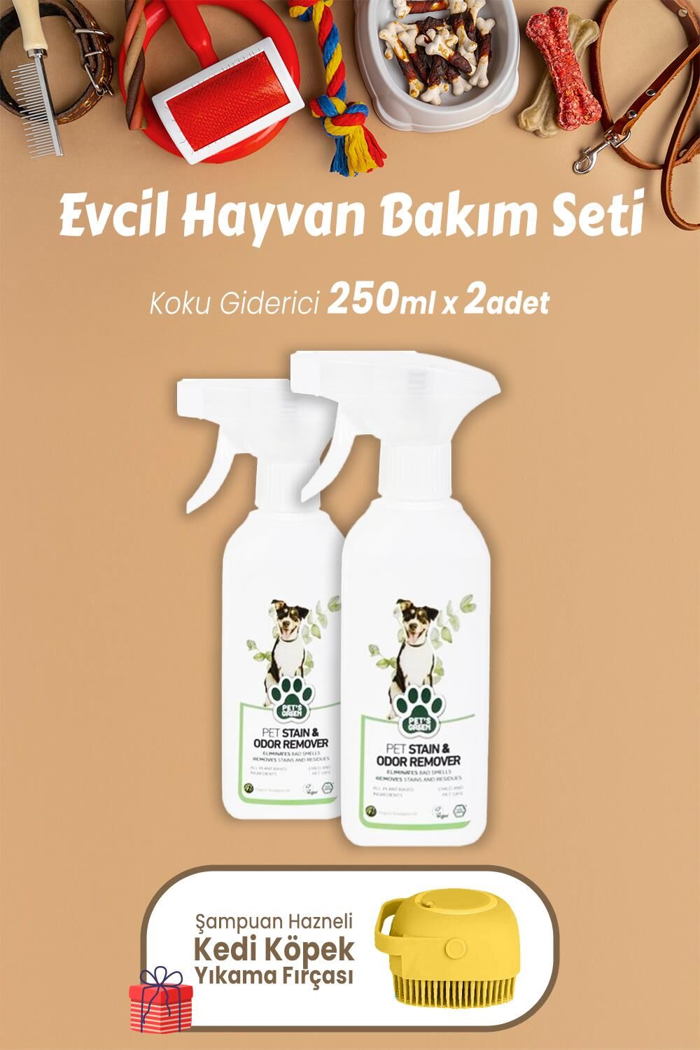 Pet's Green Okaliptus Koku Giderici 250 ml x 2 Adet ve Şampuan Hazneli Yıkama Fırçası Sarı