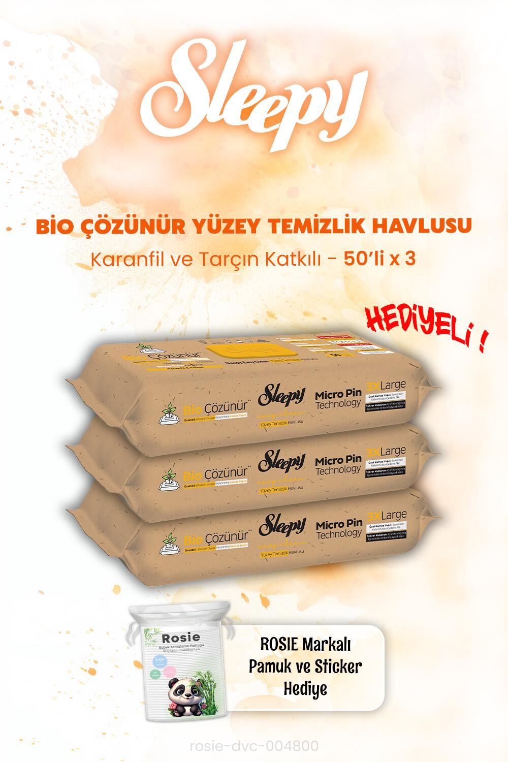 Sleepy Bio Çözünür Tarçın ve Karanfil Islak Mendil 50'li x 3 ve ROSIE